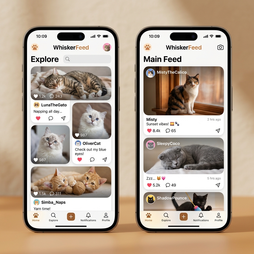 Feed mạng xã hội chia sẻ ảnh thú cưng trong ứng dụng Moew